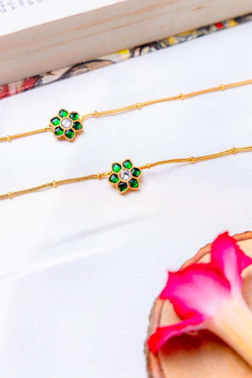Gold-plated anklets with green Floral stone