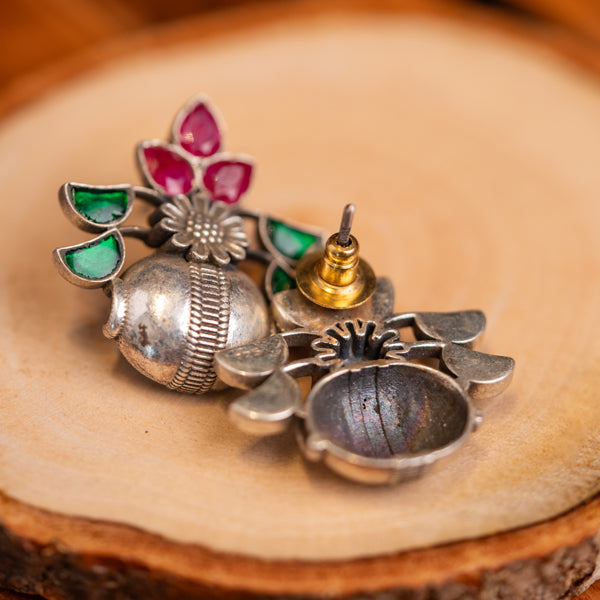 Handcrafted Silver Earrings with Pink & Green Floral Stones