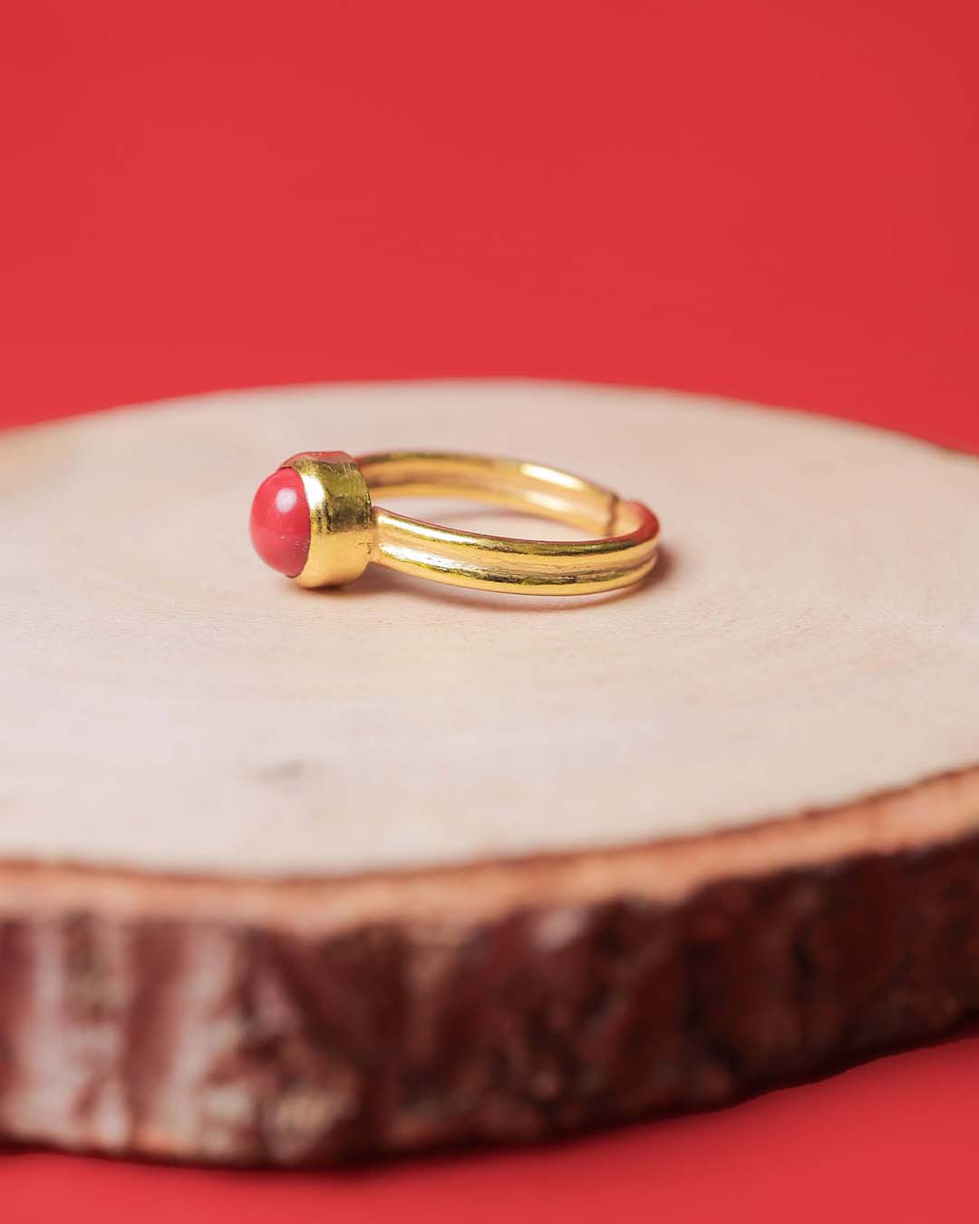 Adjustable Gold Plated Coral 92.5 Silver Ring
