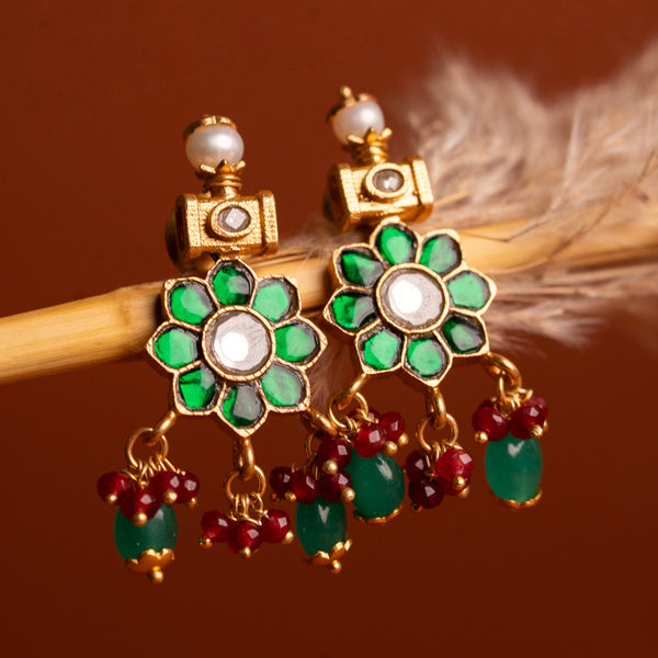 Traditional Green Floral Dangle Earrings with Beads