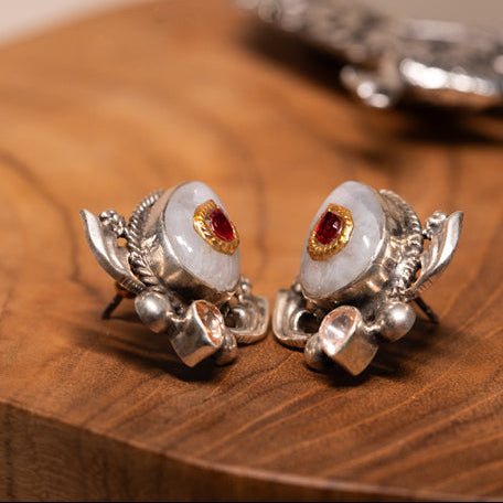 Handcrafted Silver Temple Earrings with Ruby Stone