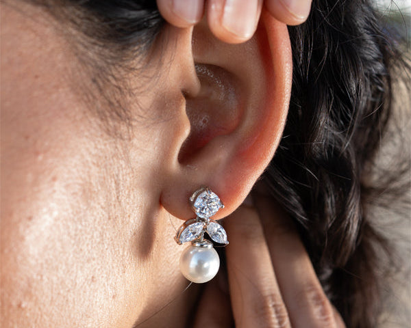 Sterling Silver Pearl Drop Earrings with Zircon Stones