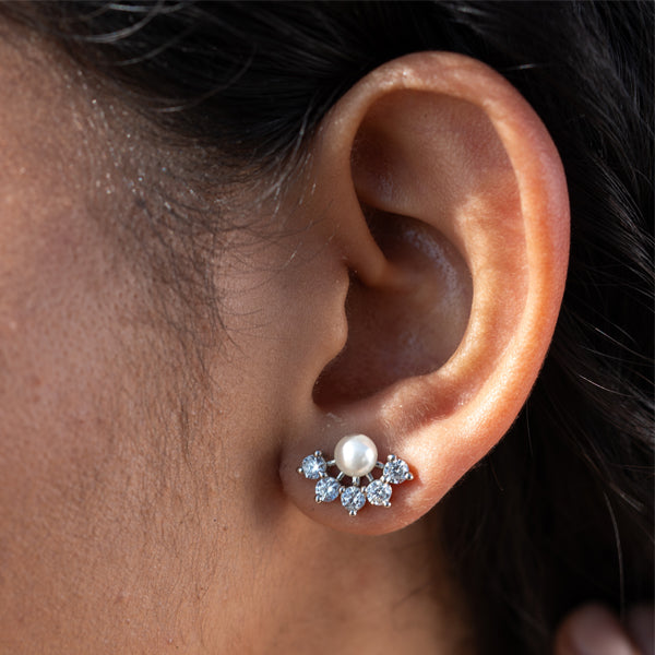 Pearl & Zircon Floral Stud Earrings