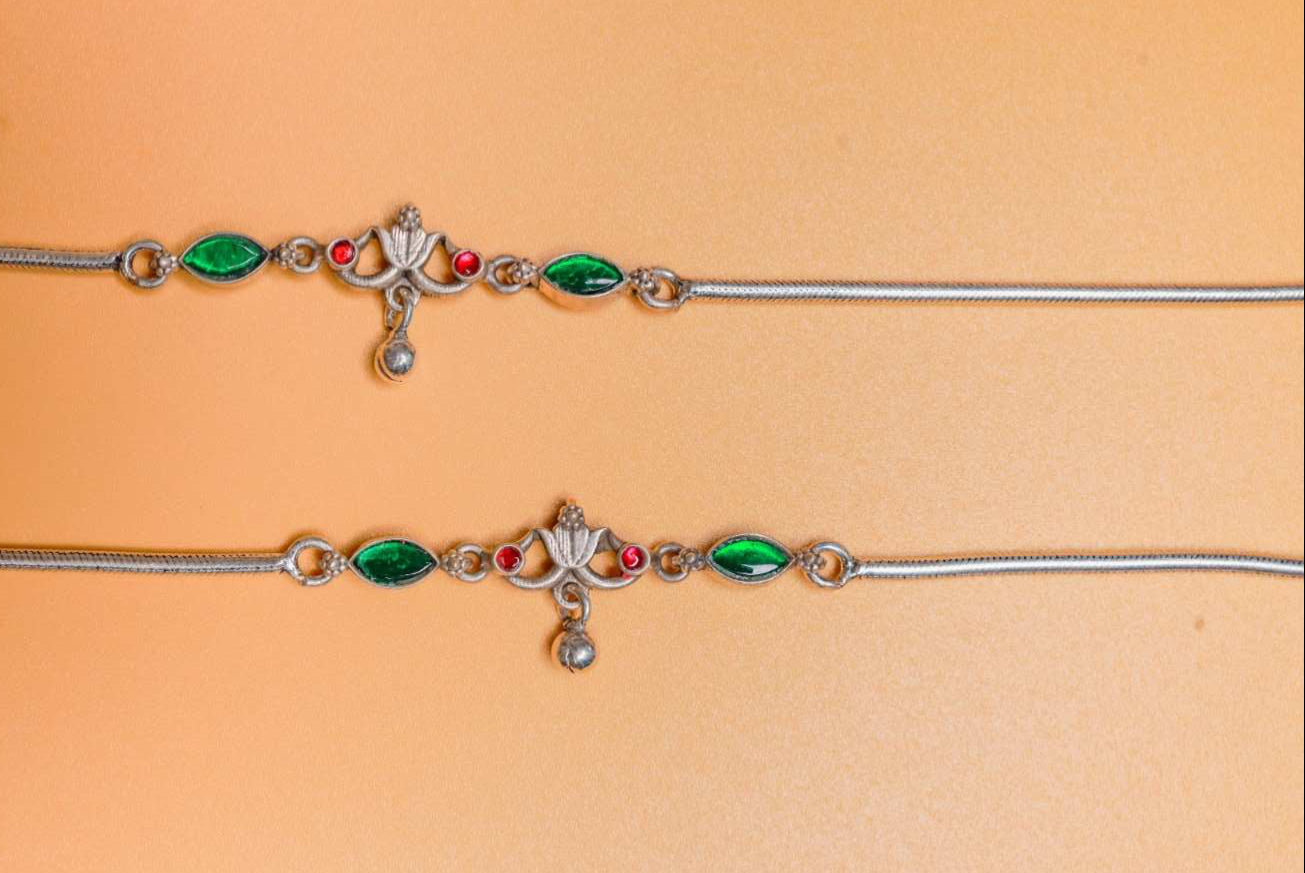 Antique Silver Anklet with Red & Green Stones