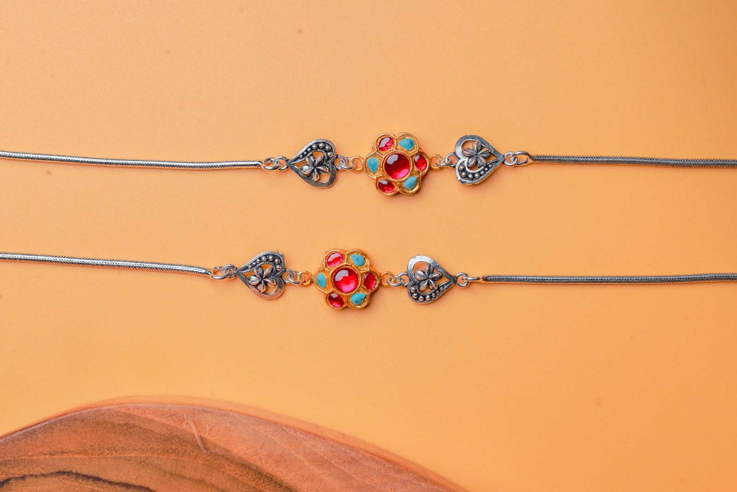 Floral Heart Motif Silver Anklets