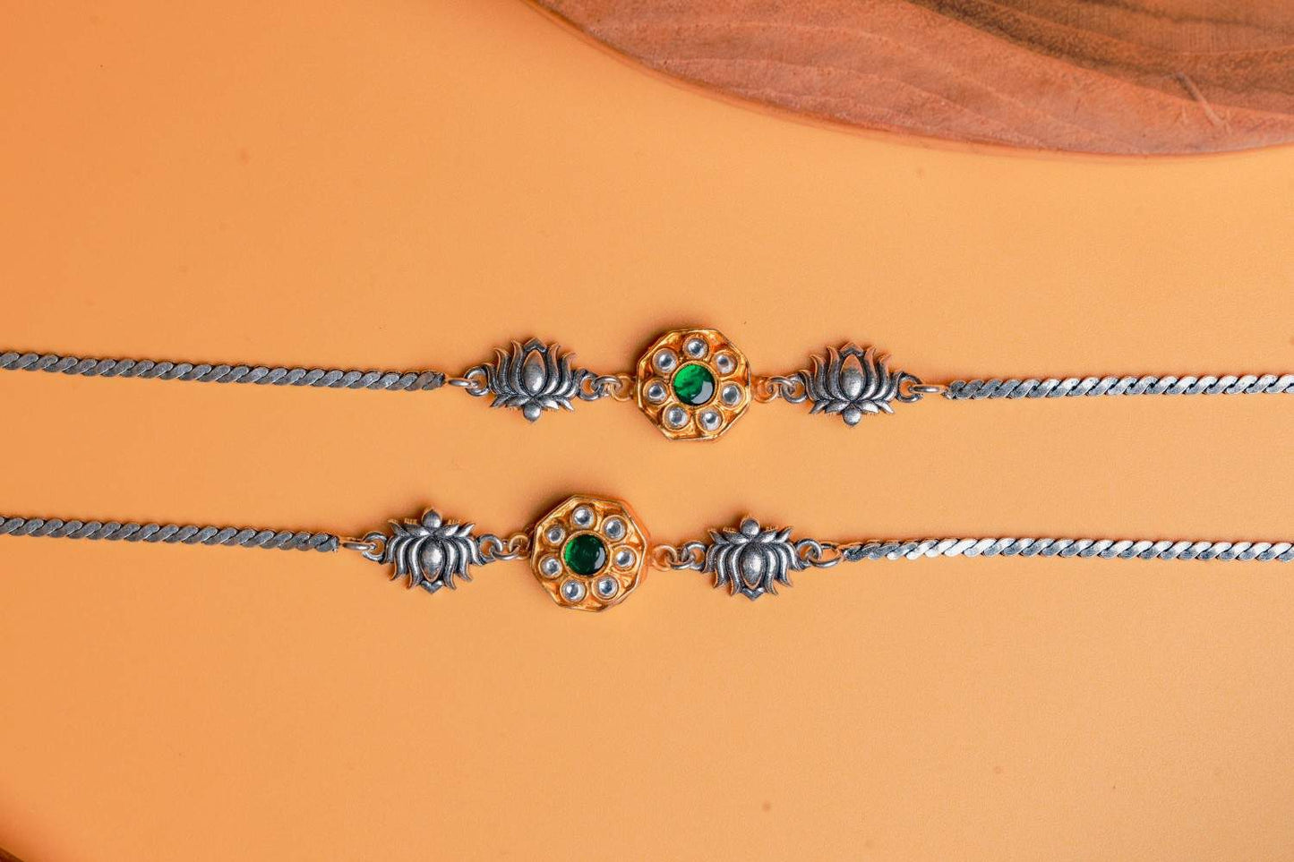 Emerald Bloom Silver Anklets with Heart Motifs