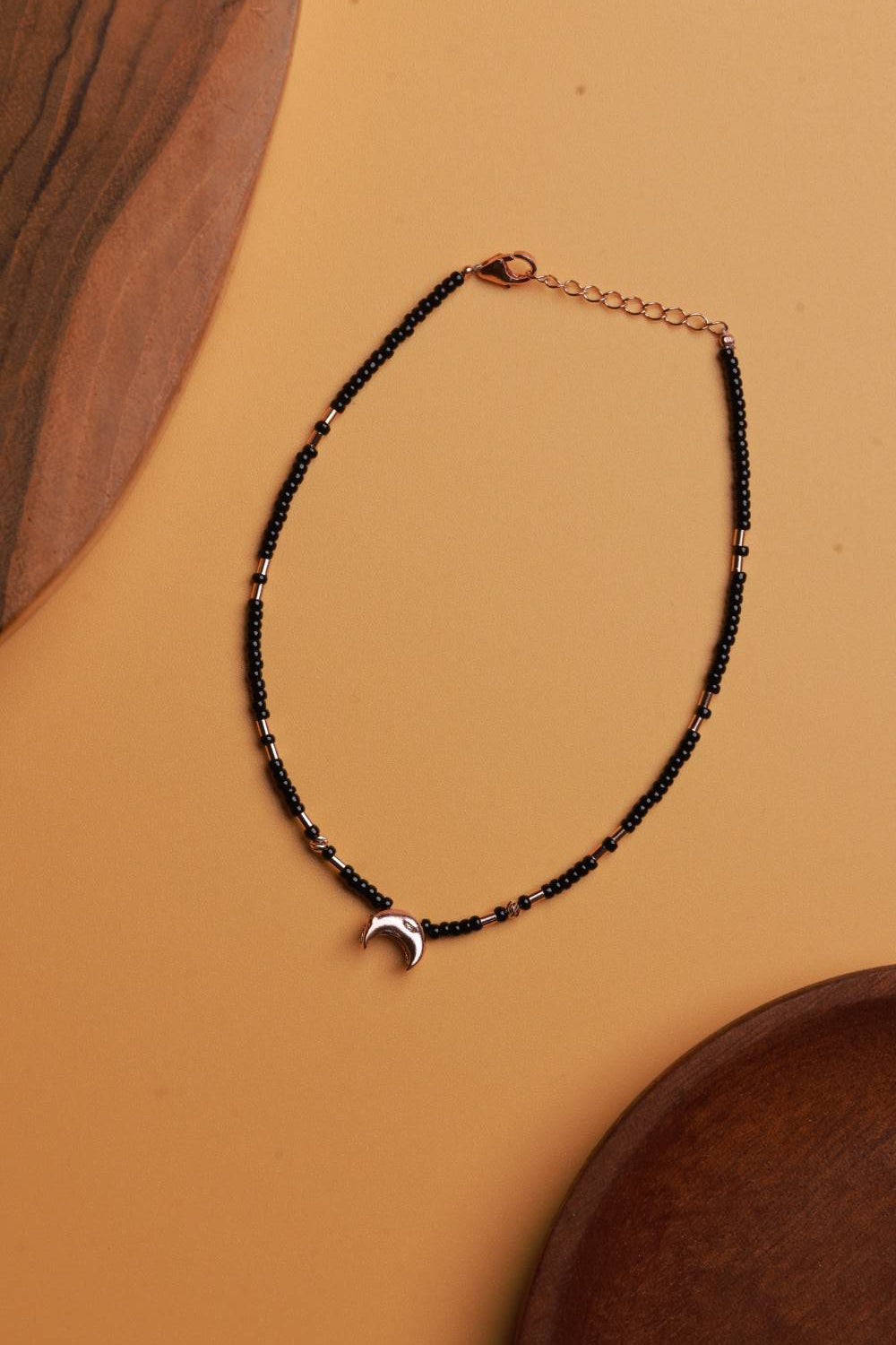 Black Bead Anklet with Silver Crescent Moon Charm