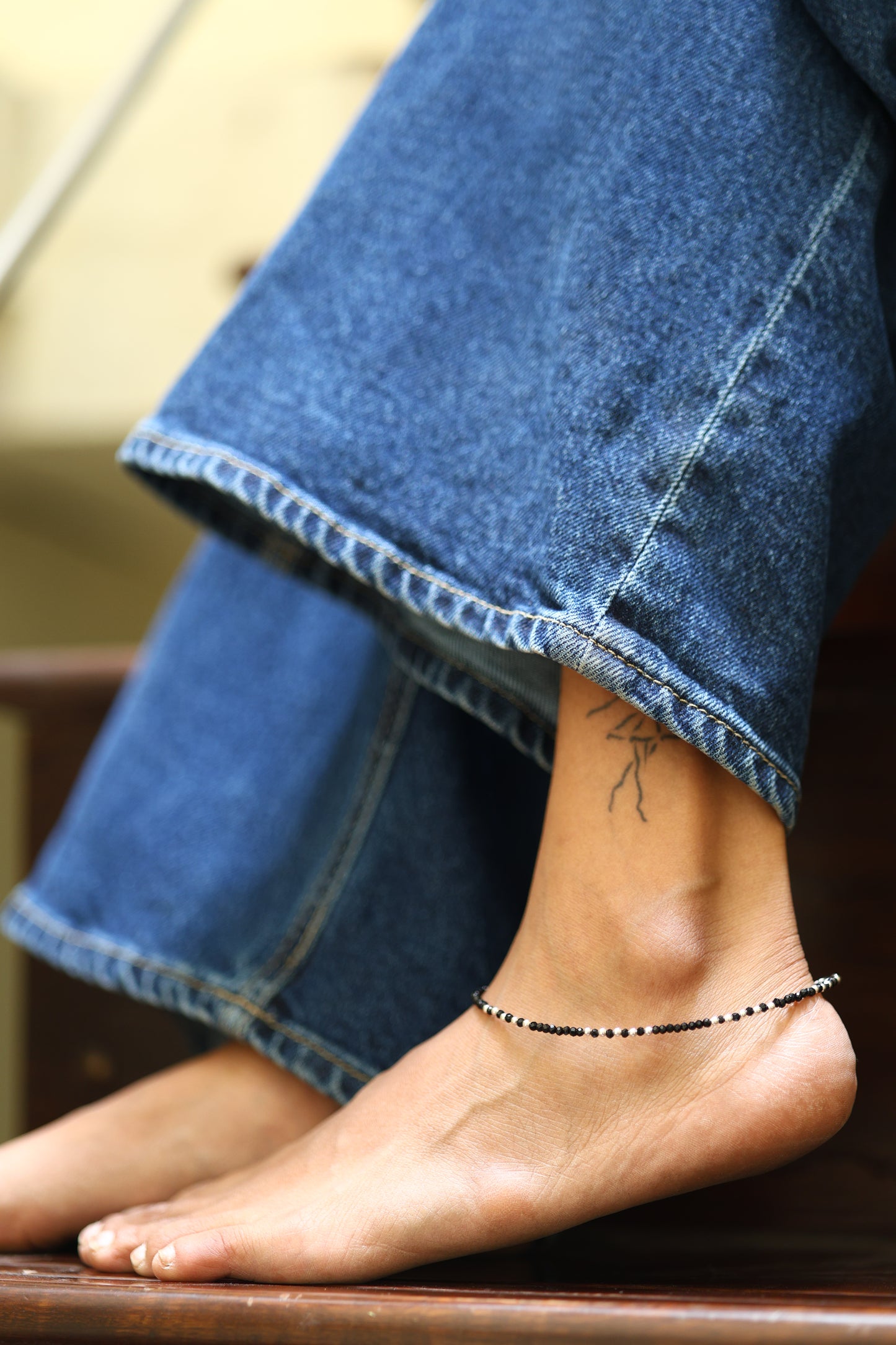 Black Silver Beaded Anklet