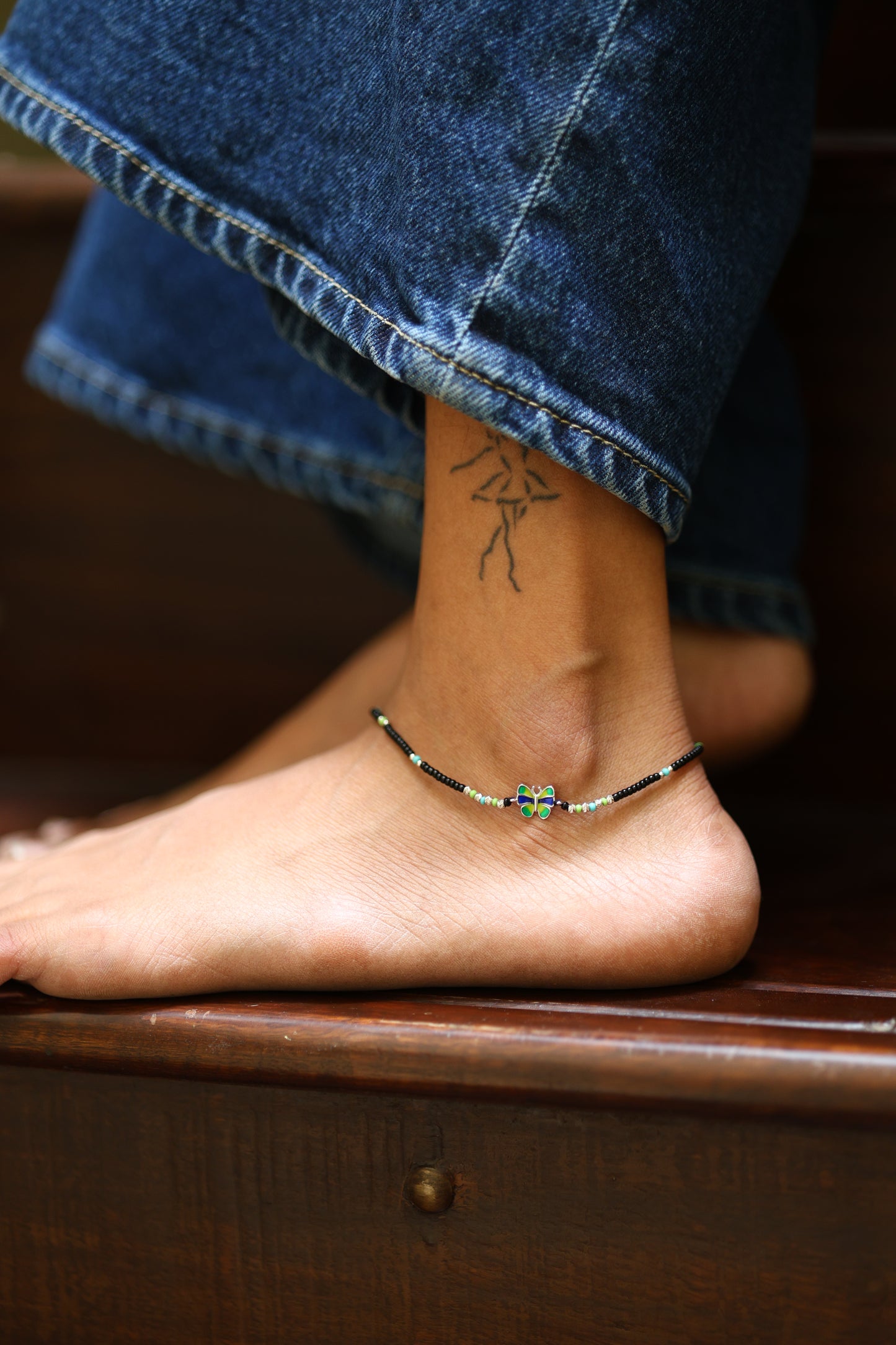 Black Beaded with Multicolor Butterfly Charm Silver Anklet