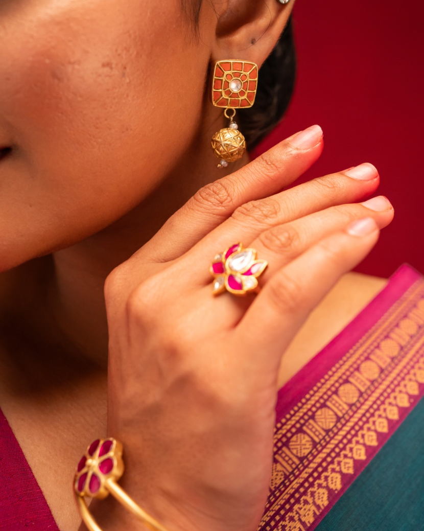 Adjustable Lotus-Inspired Gold Ring with Pink and White Gemstones