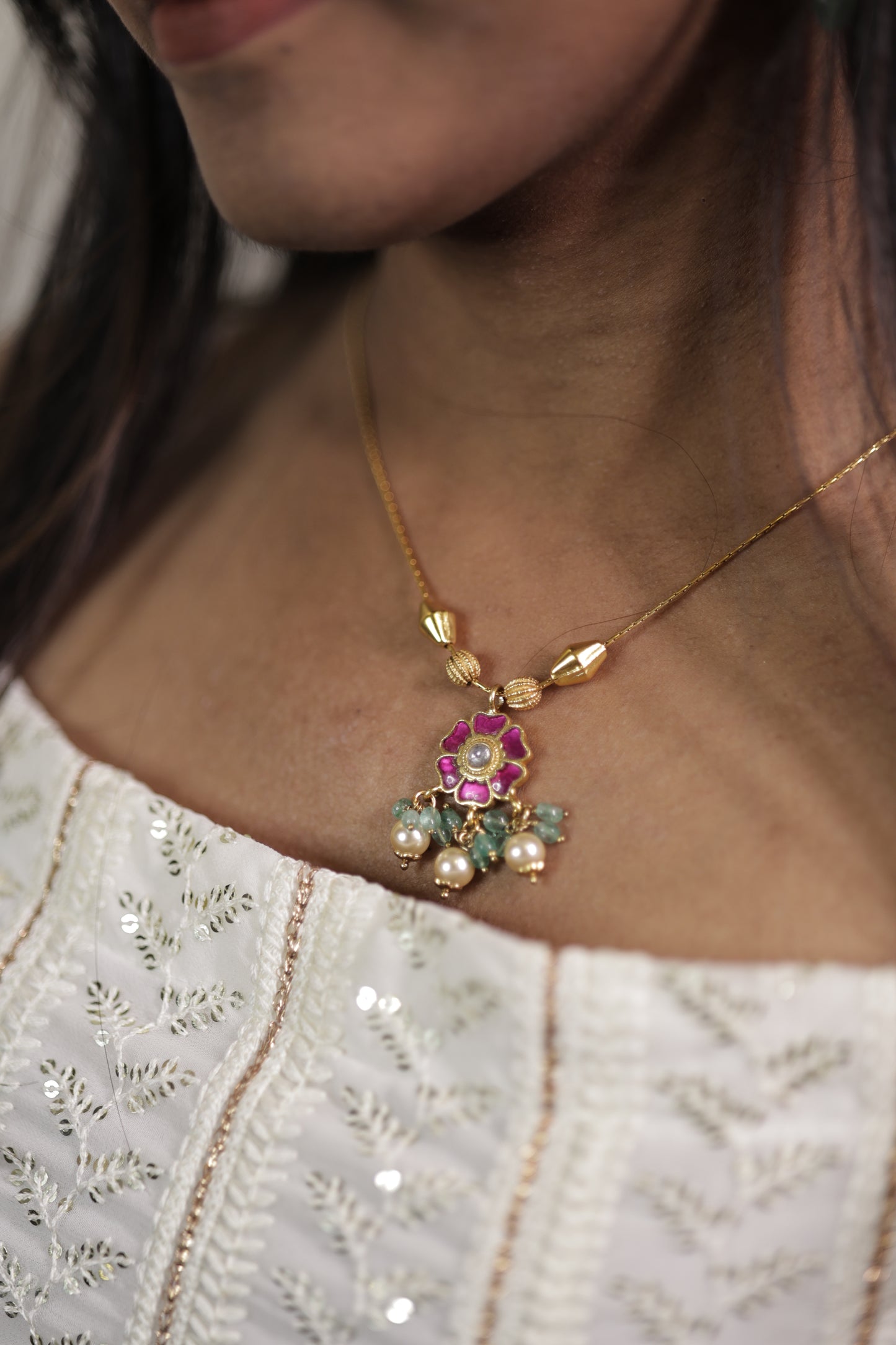 Elegant Floral Gold-Plated Necklace with Pearls & Colored Stones
