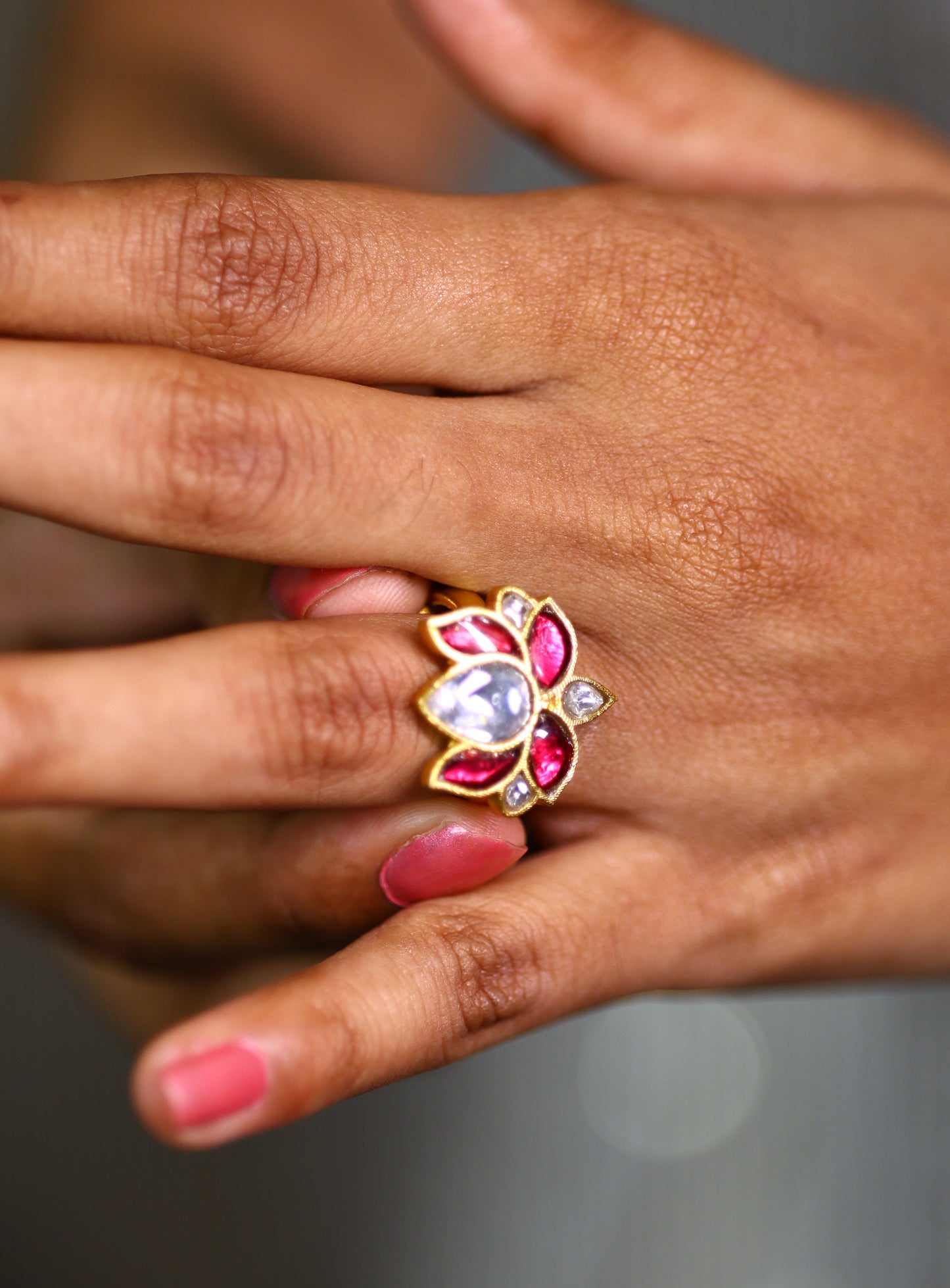 Adjustable Lotus-Inspired Gold Ring with Pink and White Gemstones