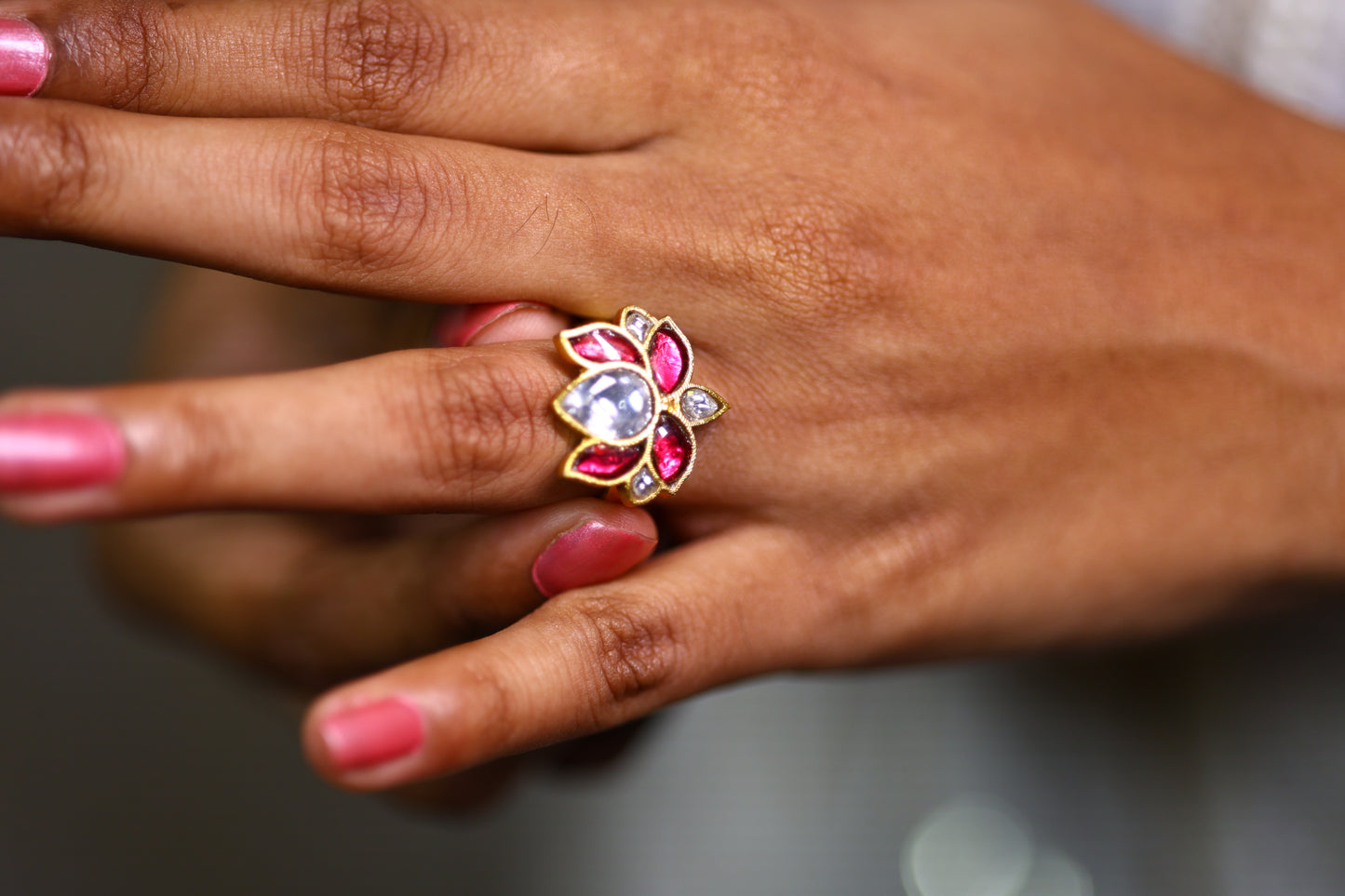 Adjustable Lotus-Inspired Gold Ring with Pink and White Gemstones
