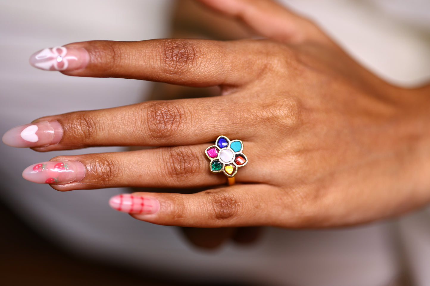 Colorful Floral Gemstone Ring – Gold Plated