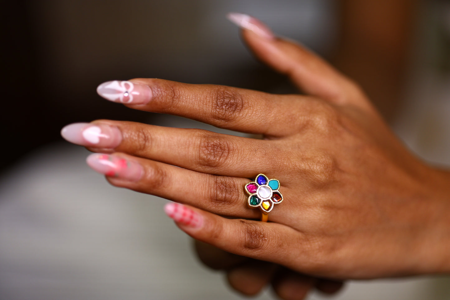 Colorful Floral Gemstone Ring – Gold Plated