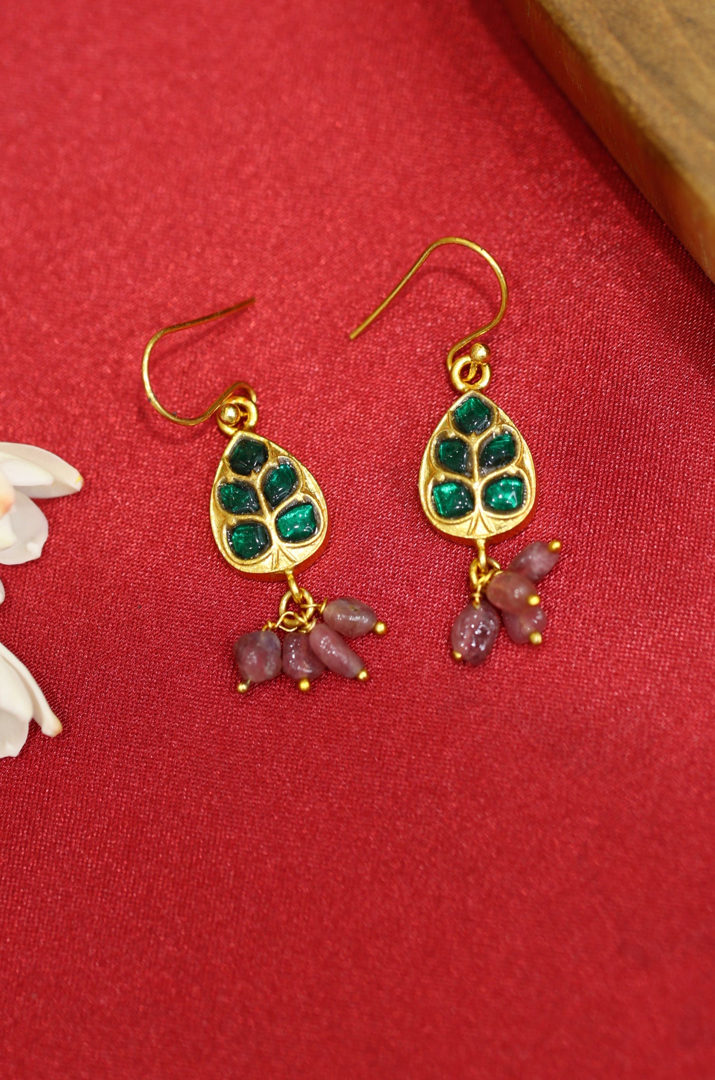 Elegant Gold Plated Leaf Earrings with Green and Pink Gemstones