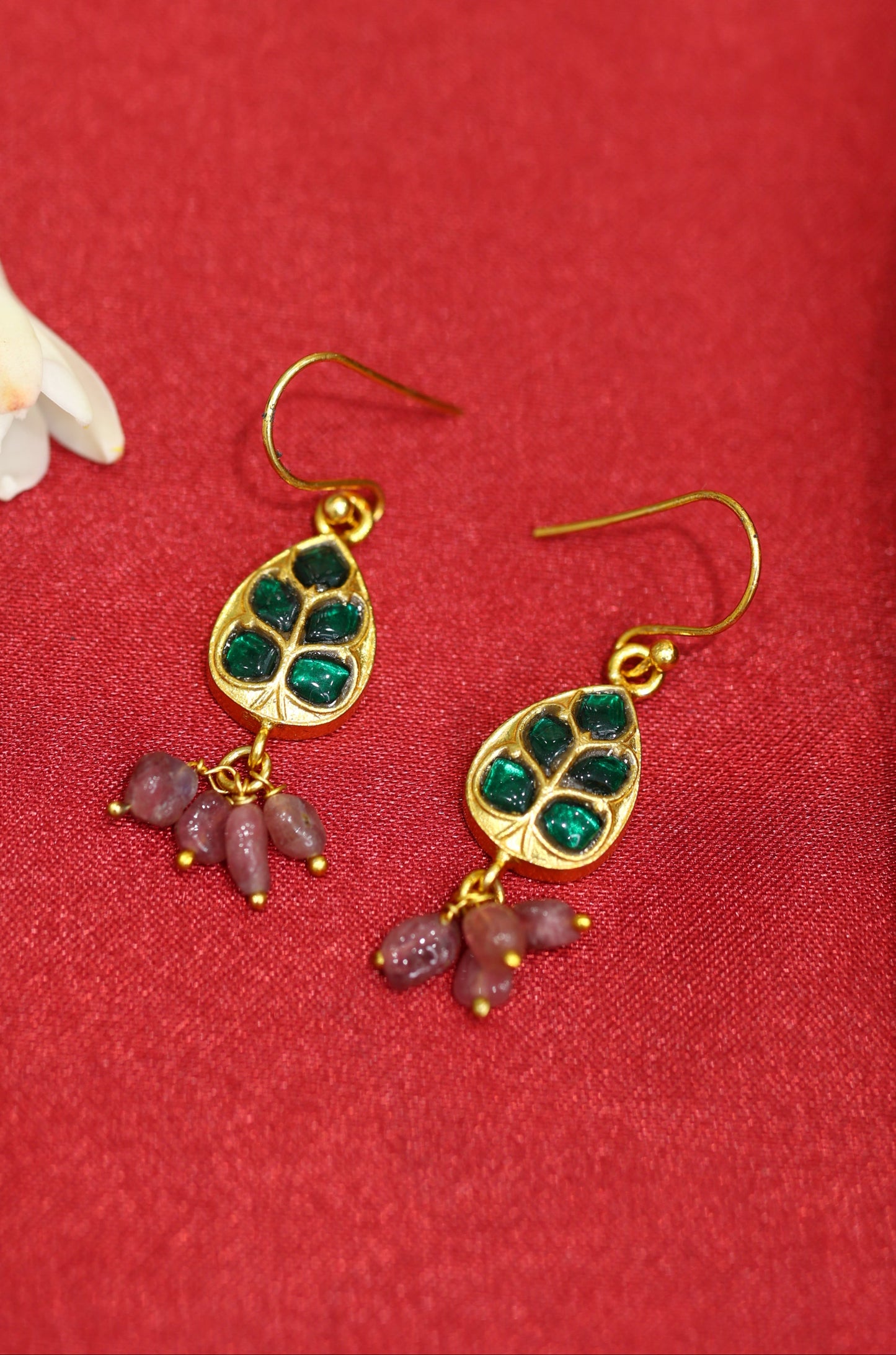 Elegant Gold Plated Leaf Earrings with Green and Pink Gemstones