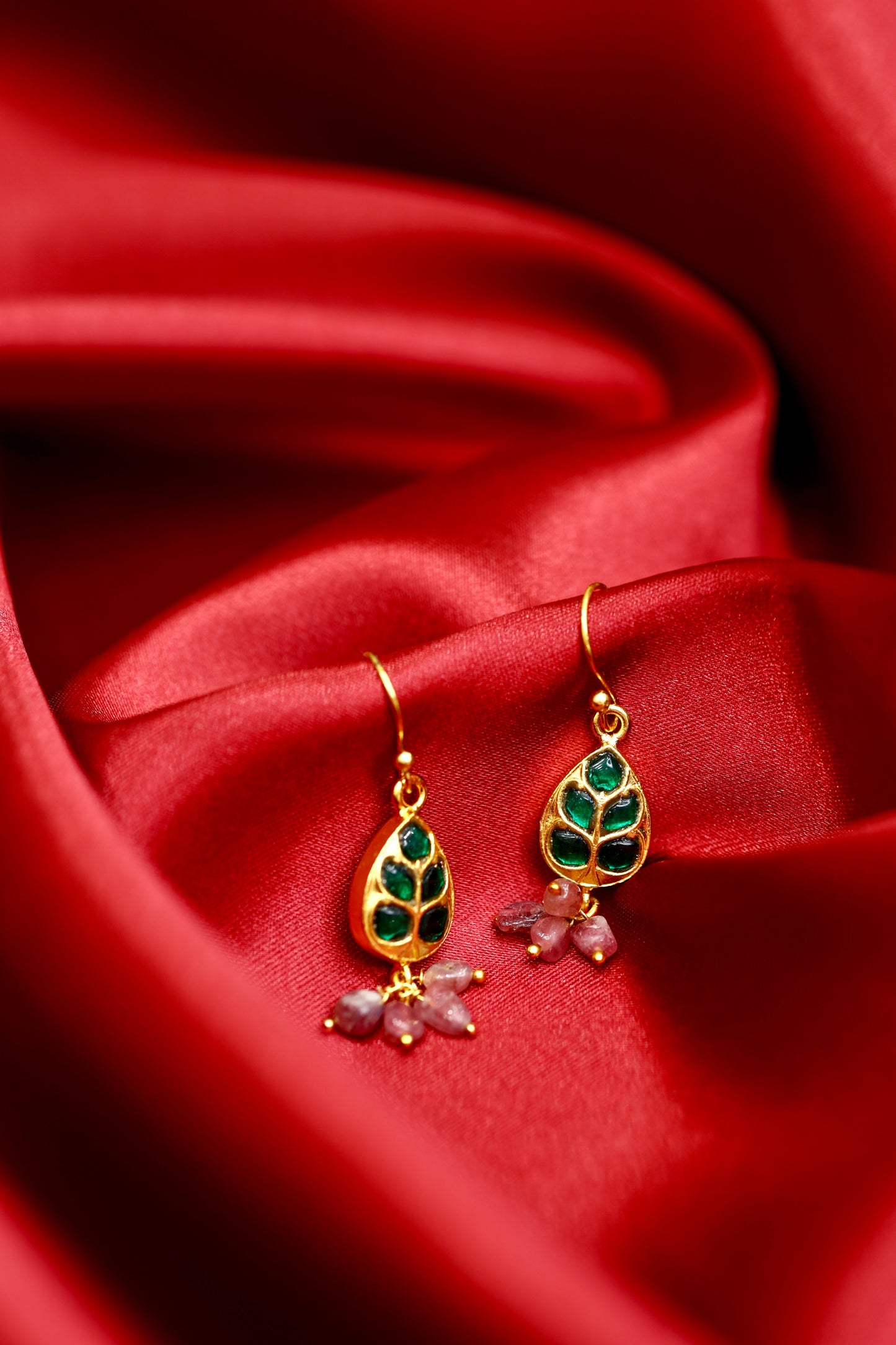 Gold Plated Leaf Earrings with Green and Pink Gemstones