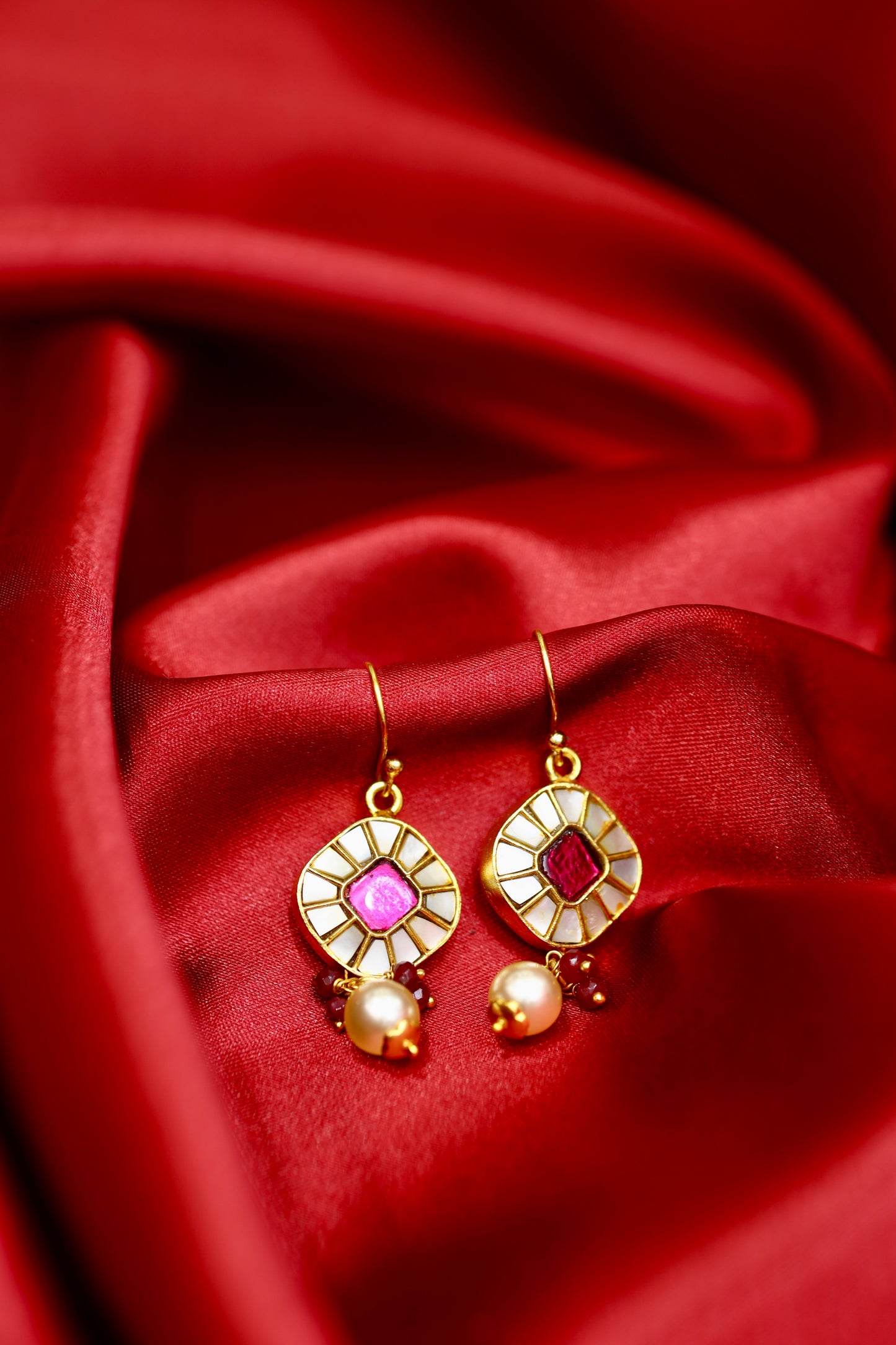 Kundan Drop Earrings with Pearl & Red Gemstone