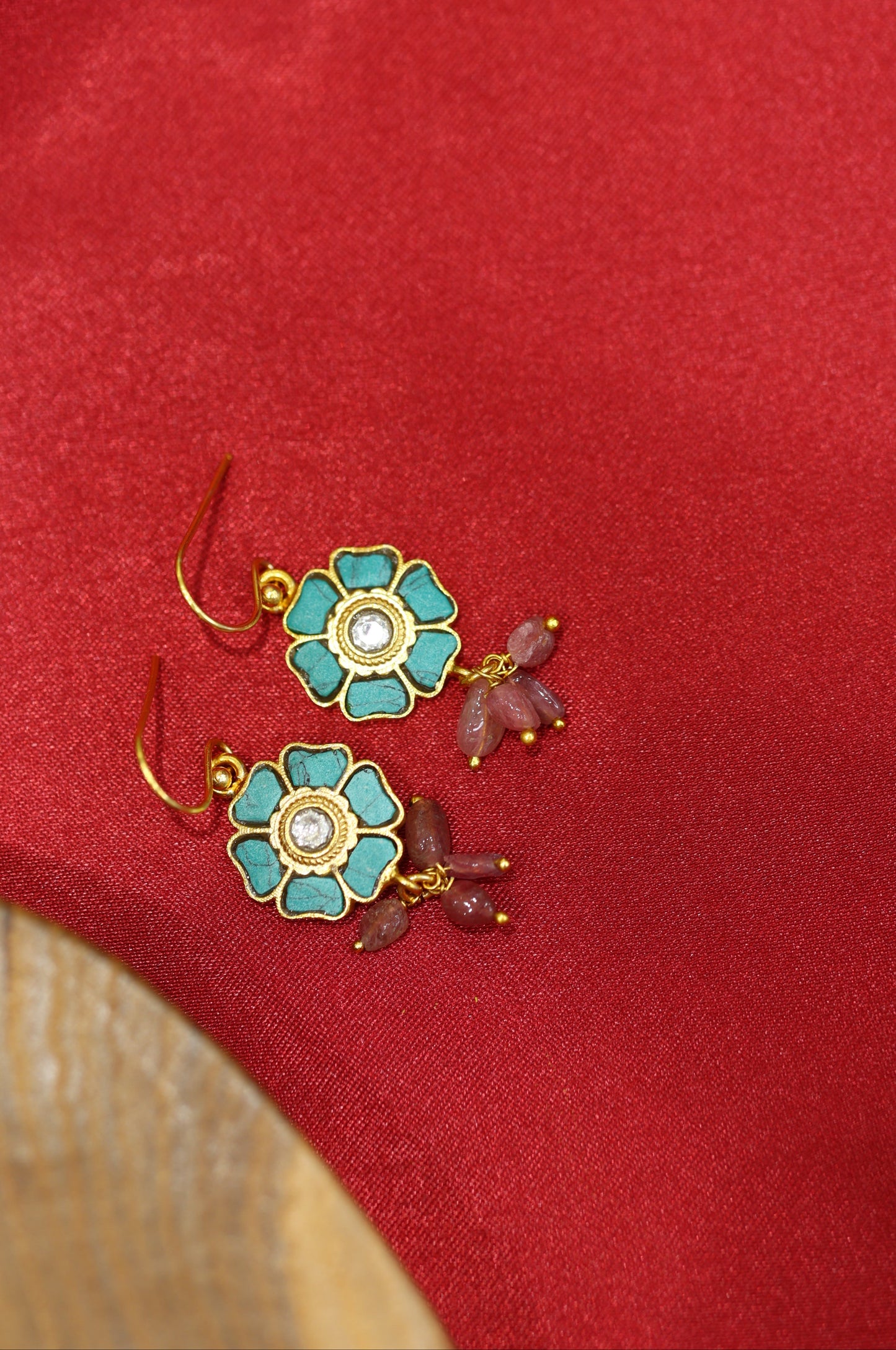 Gold-Plated Floral Earrings with Turquoise and Pink Gemstones