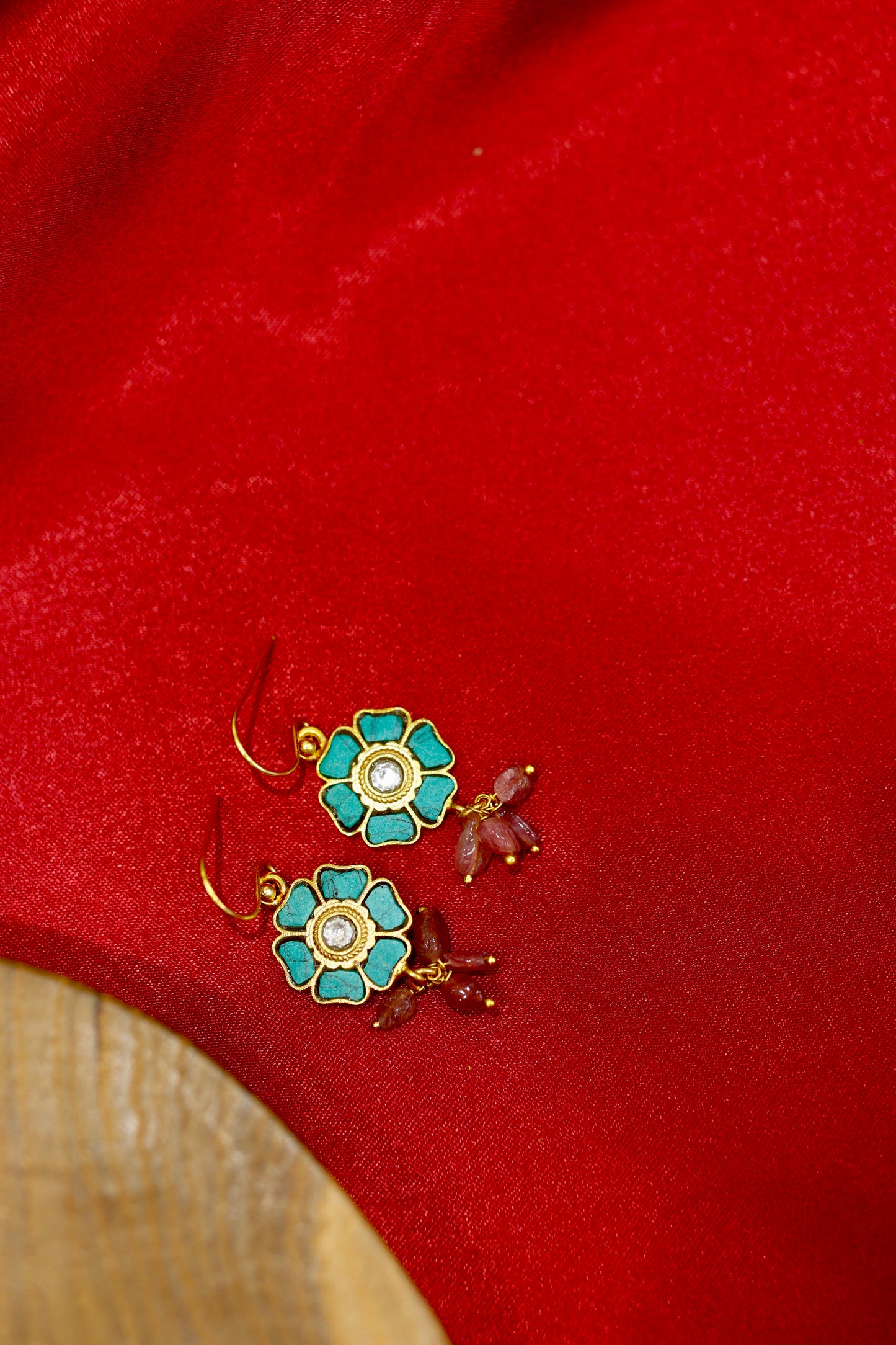 Gold-Plated Floral Earrings with Turquoise and Pink Gemstones