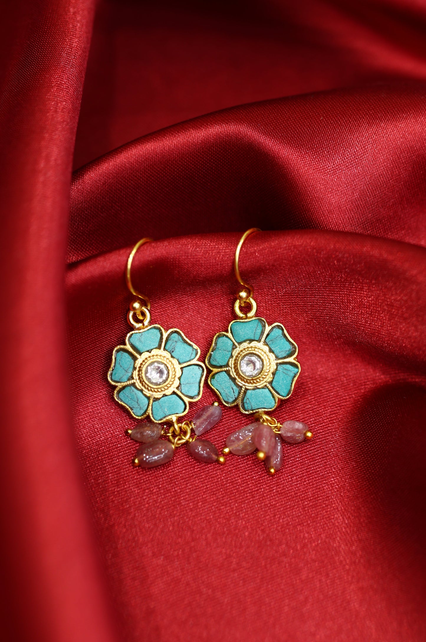 Gold-Plated Floral Earrings with Turquoise and Pink Gemstones