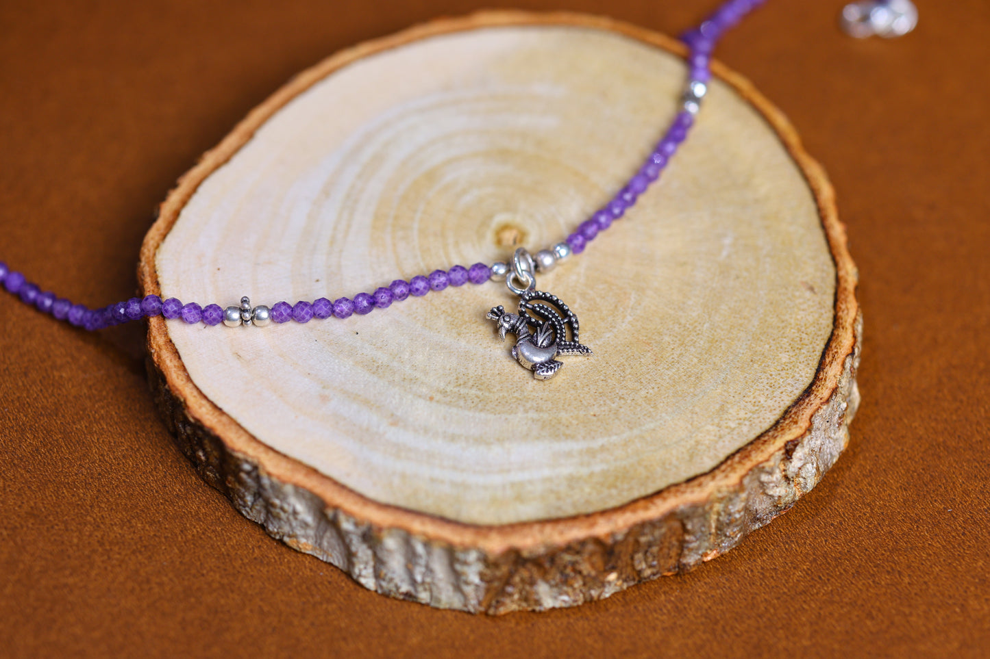 Amethyst Bead Silver Anklet with Peacock Charm