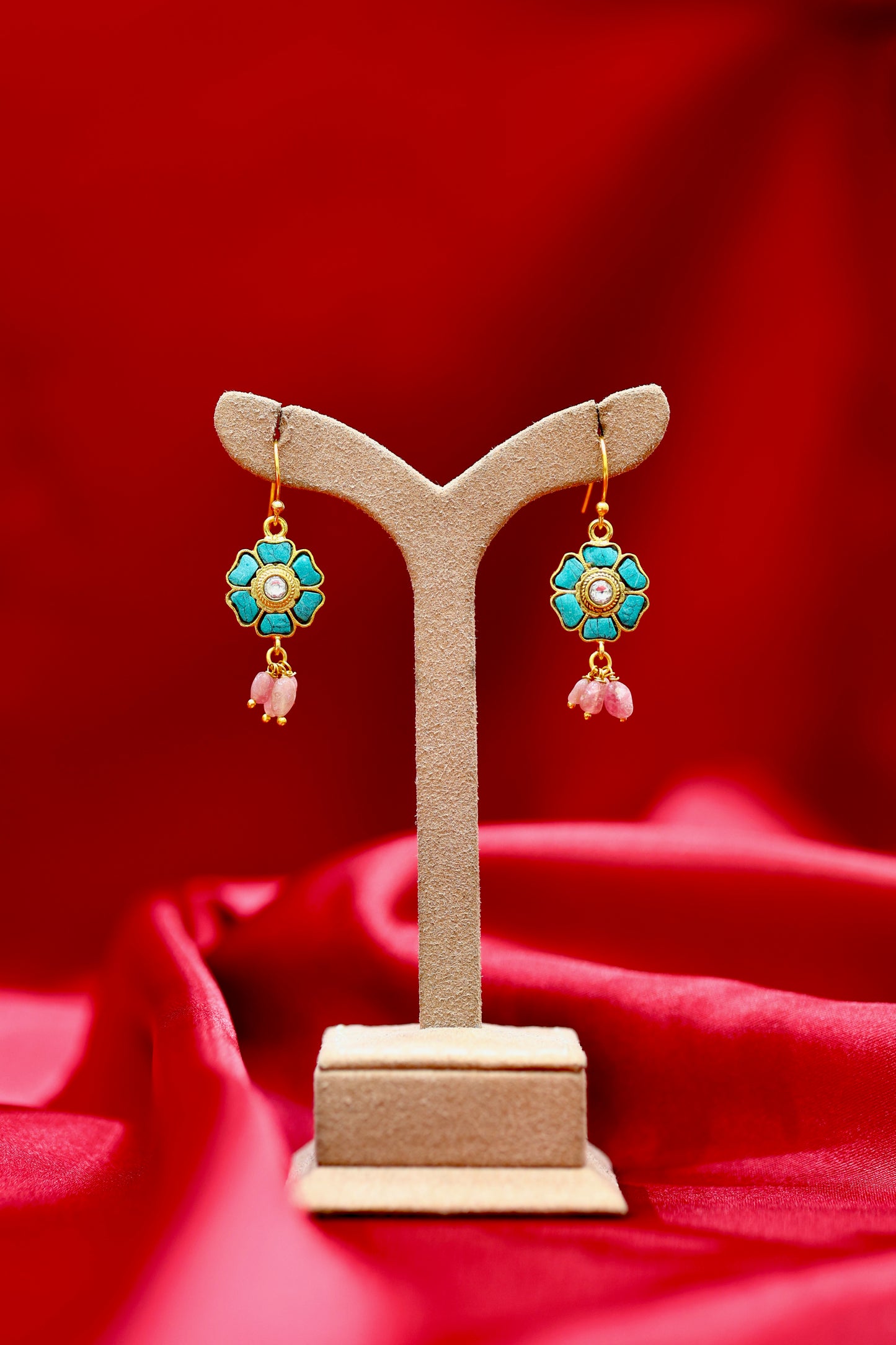 Gold-Plated Floral Earrings with Turquoise and Pink Gemstones