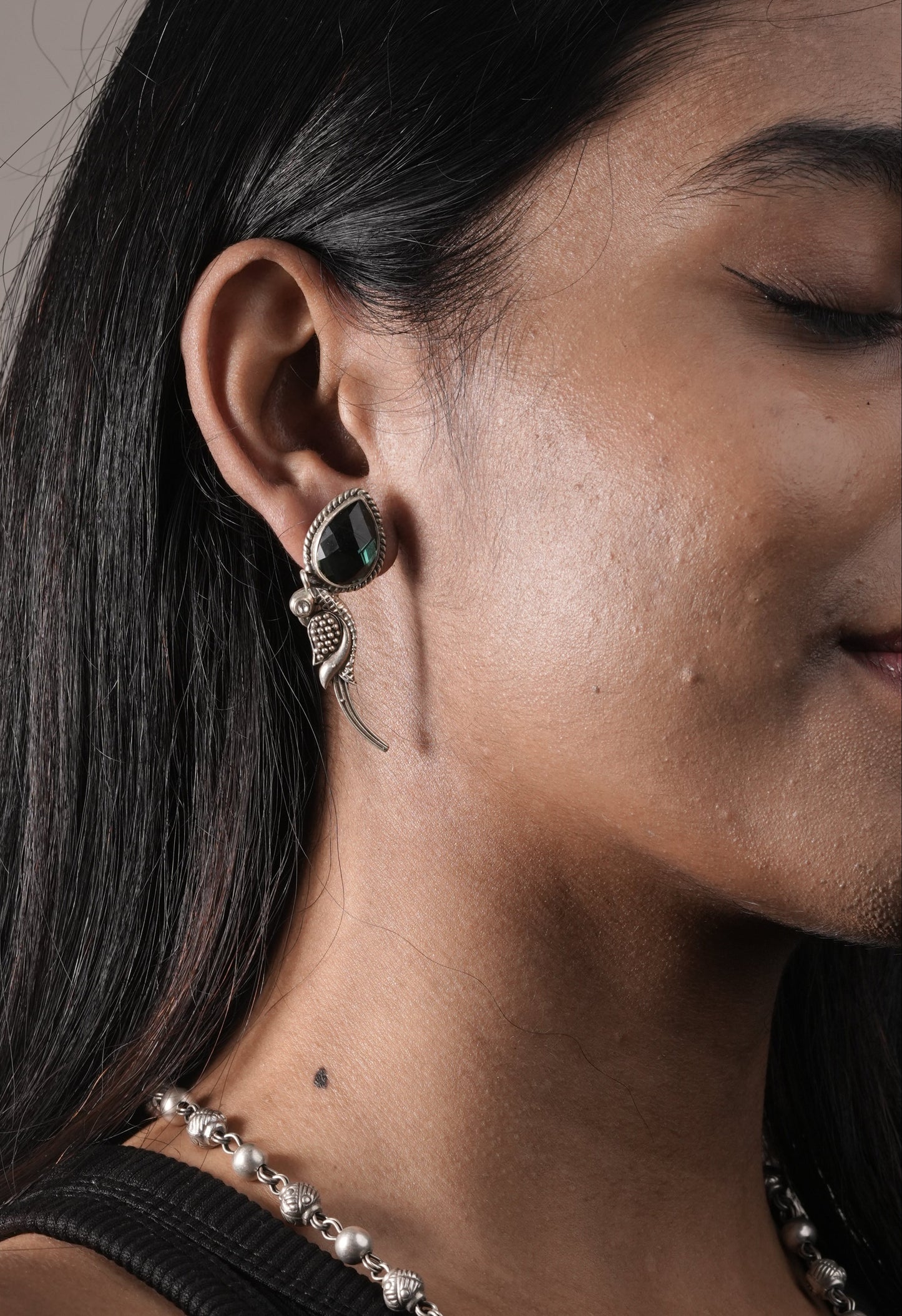 Silver Parrot Earrings with Black Stone