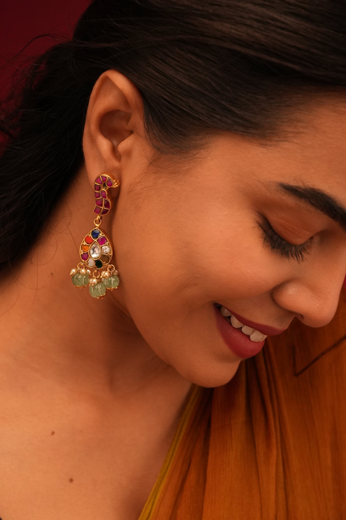 Peacock-Inspired Kundan Earrings with Green Bead Drops