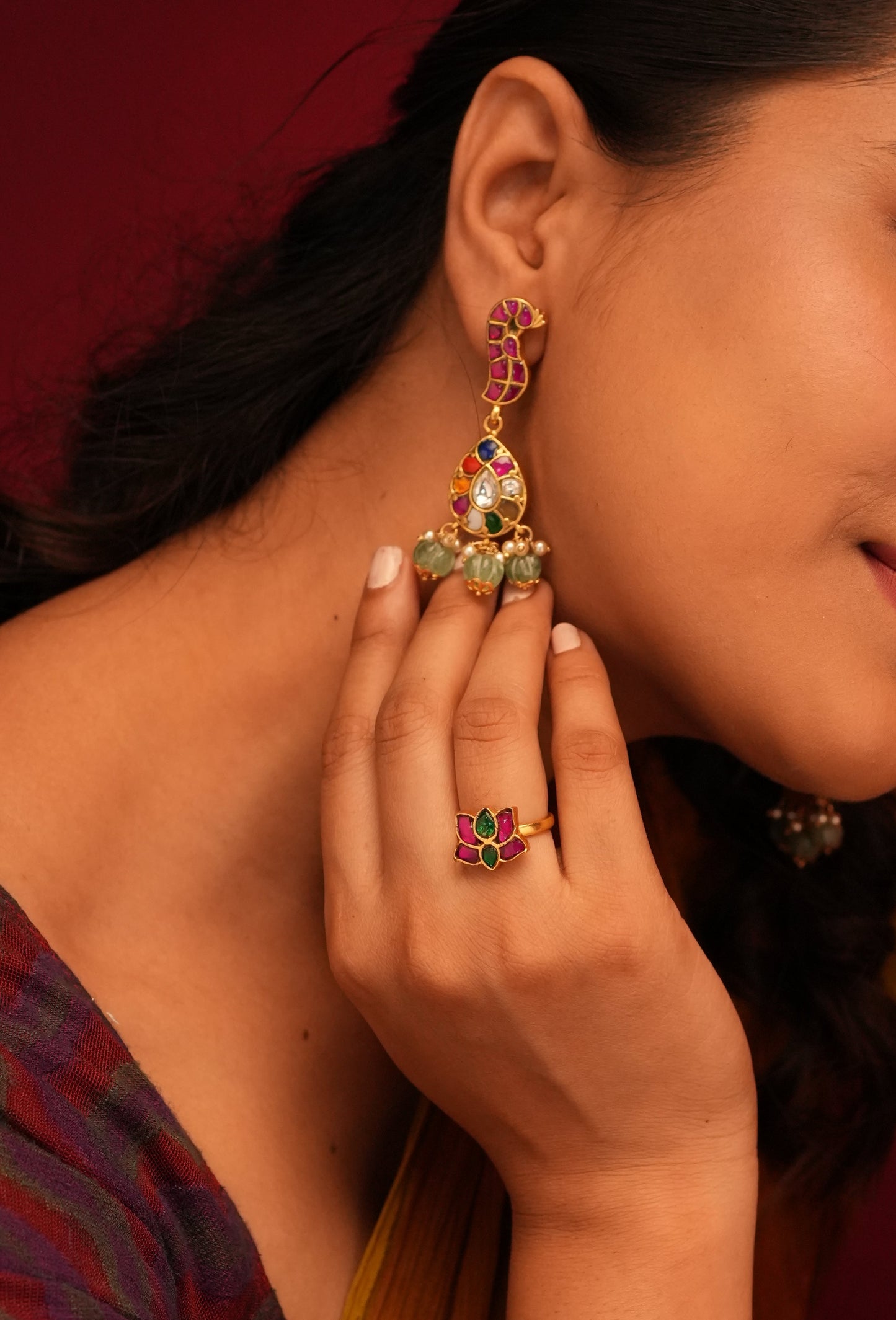 Elegant Floral Gemstone Statement Ring – Gold Plated Designer Jewellery