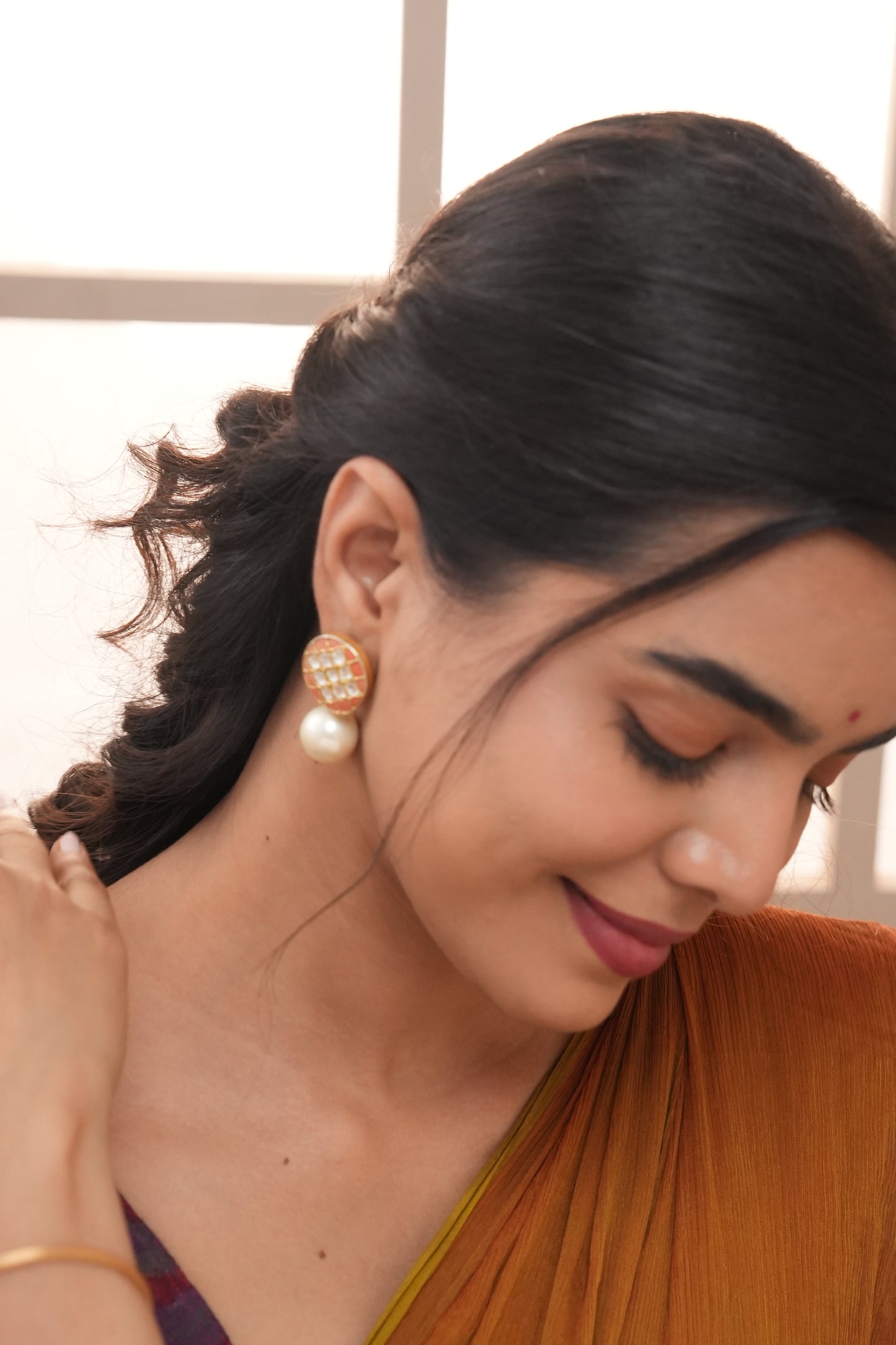 Grid Kundan Stud Earrings with Pearl Drop