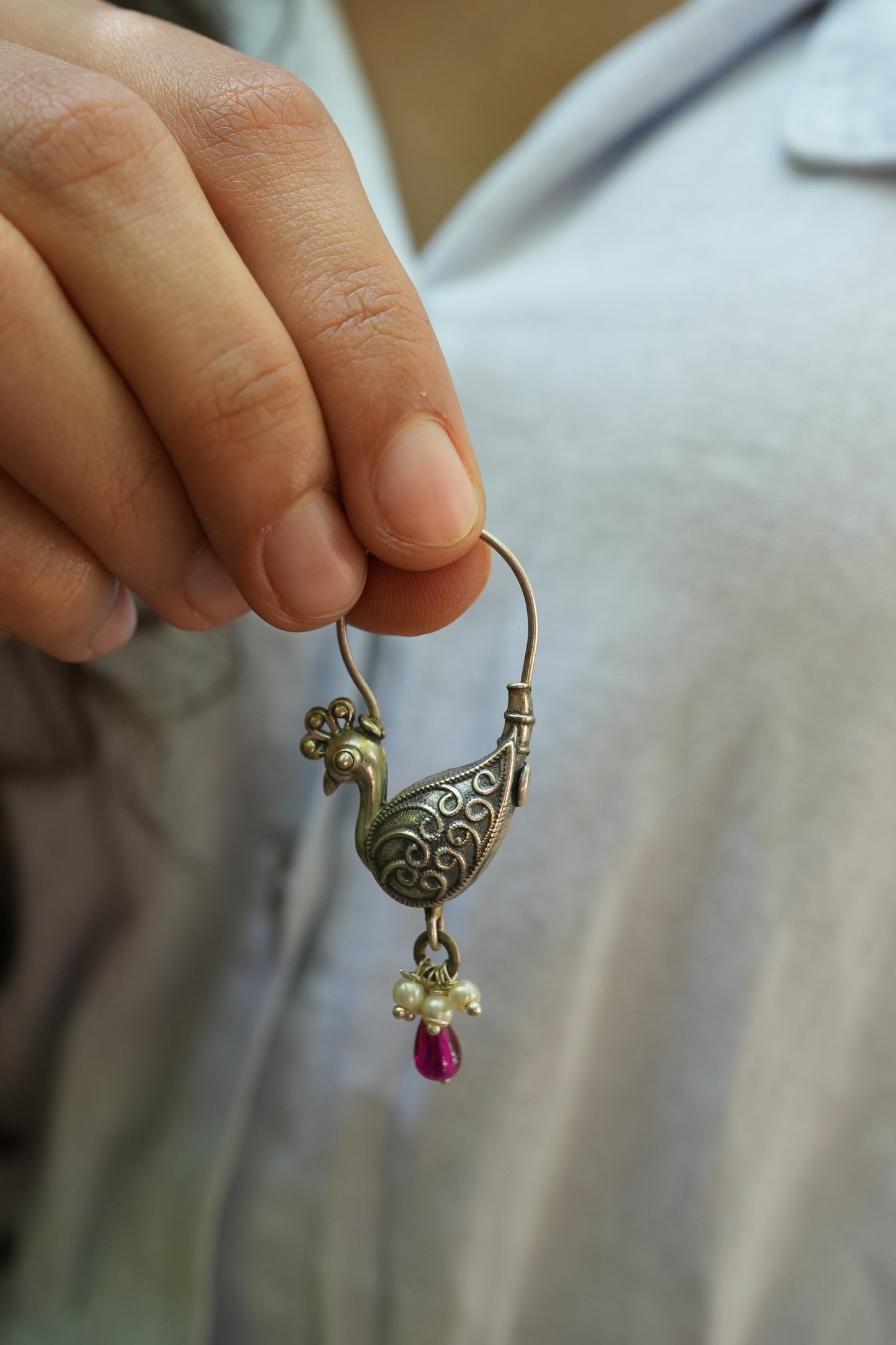 Antique Peacock Silver Earring with Ruby & Pearl Beads