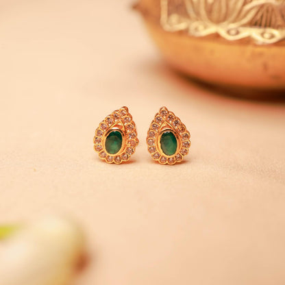 Gold plated teardrop stud earrings with emerald stone and crystal halo by Silalankaraa.