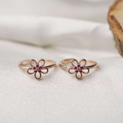 Rose Gold-Plated Flower Toe Rings with Pink Stones