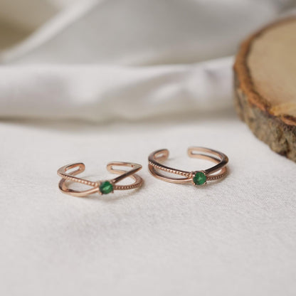 Rose gold Adjustable Toe Rings with  Green Colour Gemstone