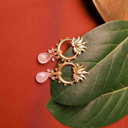 Rose Quartz Lotus Halo Silver Earrings