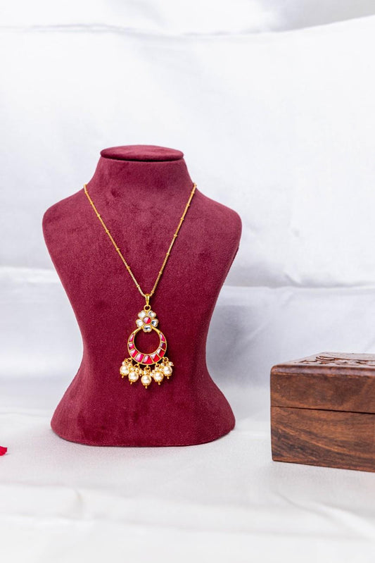 92.5 Sterling Silver Gold Plated-tone necklace with a pink Kundan circle pendant, floral stone motif, and pearl drop detailing.