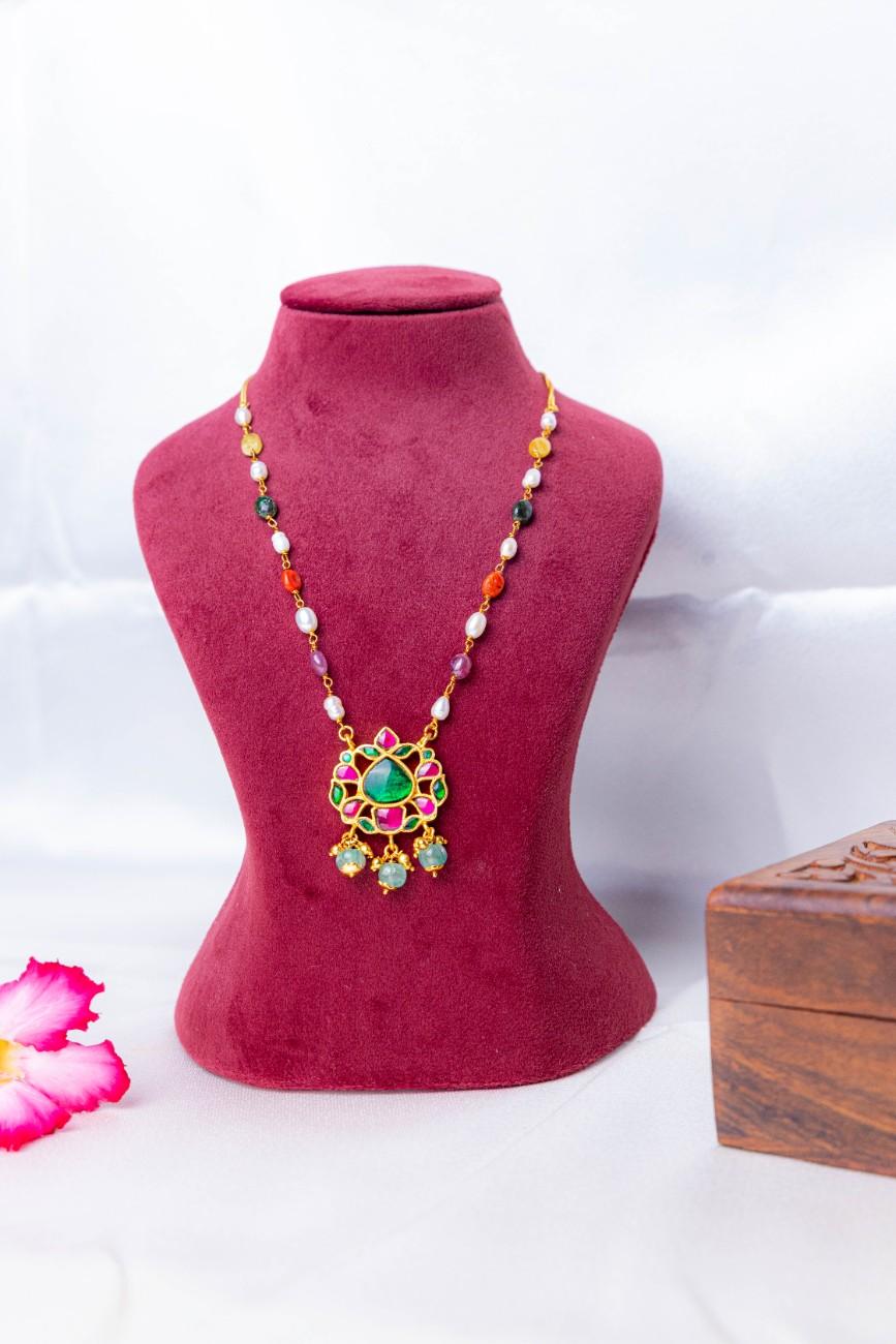 Kundan Pendant Necklace with Pearls and Multi-Color Gemstone Beads.