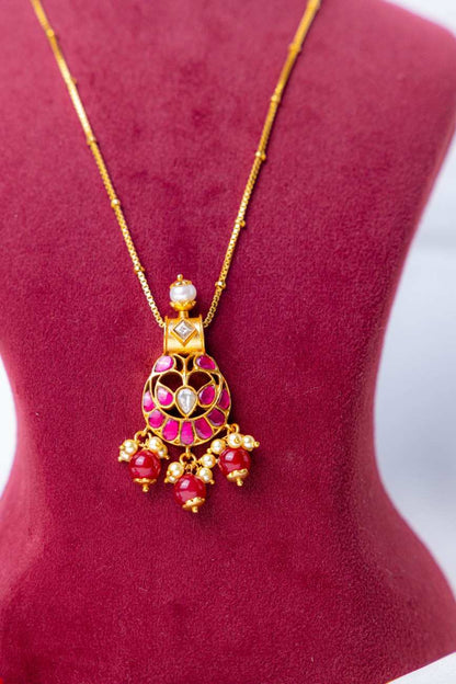 Pink Kundan Pendant Necklace with Pearl & Ruby Bead Drops