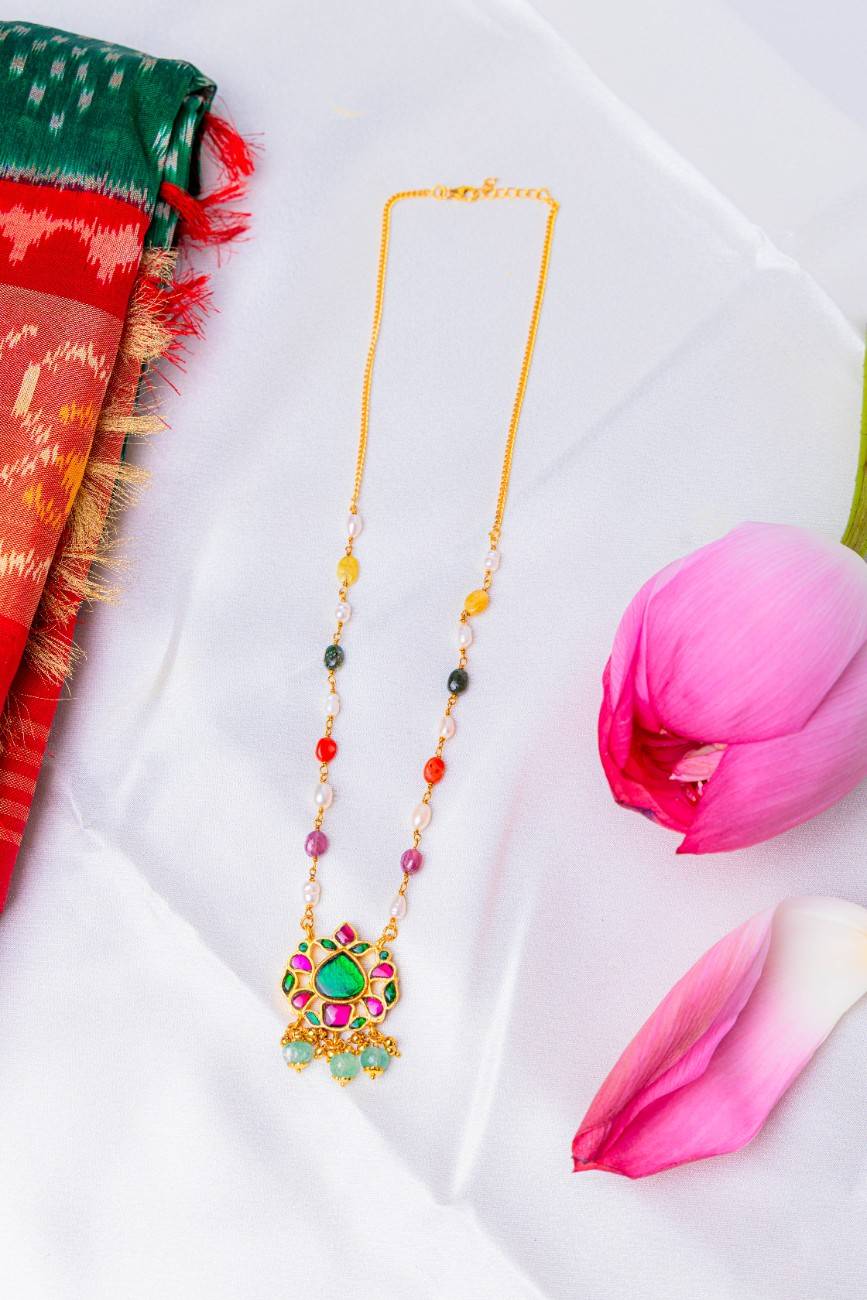 Kundan Pendant Necklace with Pearls and Multi-Color Gemstone Beads