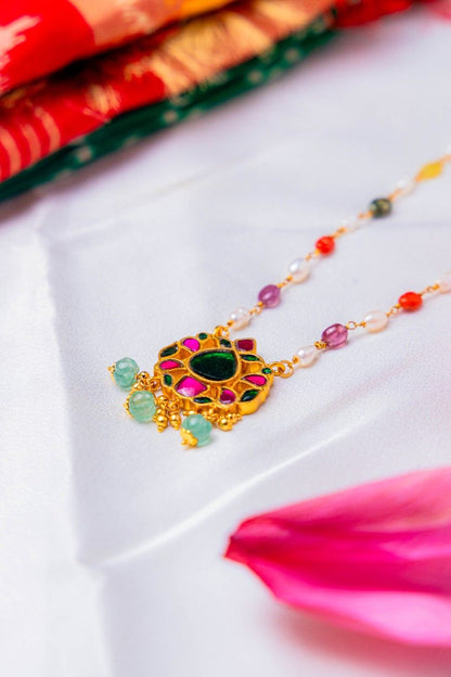 Kundan Pendant Necklace with Pearls and Multi-Color Gemstone Beads