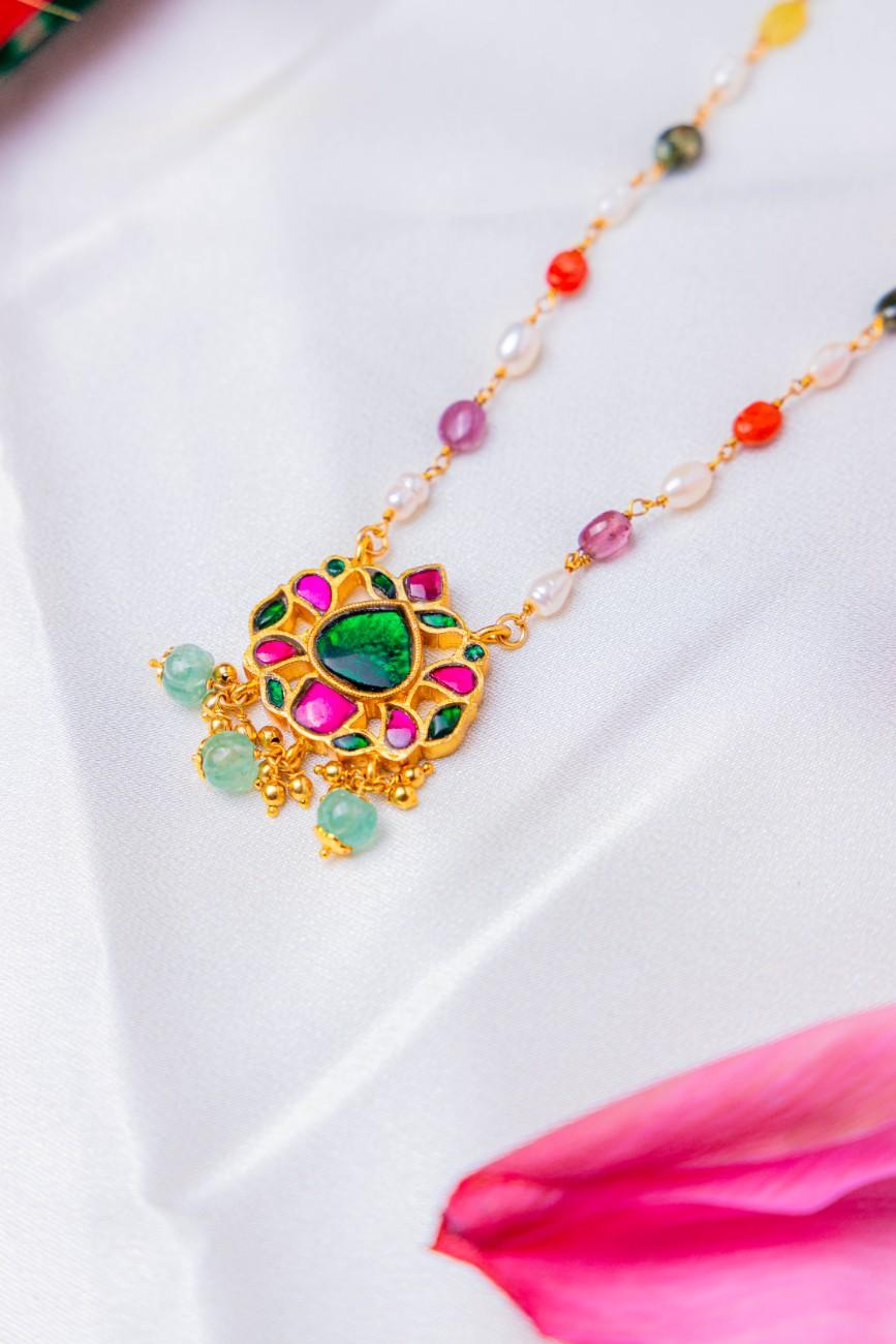 Kundan Pendant Necklace with Pearls and Multi-Color Gemstone Beads