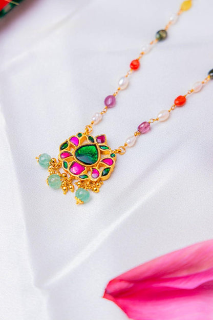 Kundan Pendant Necklace with Pearls and Multi-Color Gemstone Beads