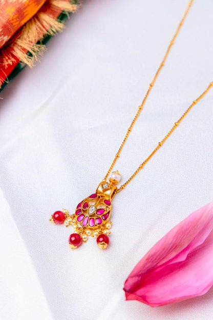 Pink Kundan Pendant Necklace with Pearl & Ruby Bead Drops