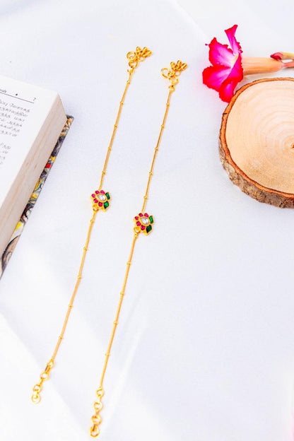 Traditional Lotus Stone Anklet with Dual Floral Charms