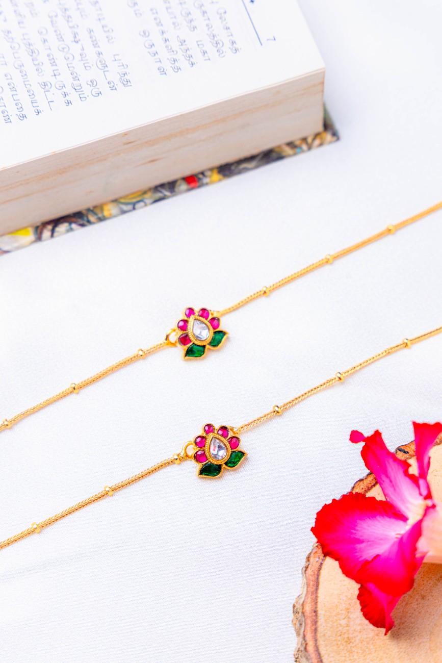 Traditional Lotus Stone Anklet with Dual Floral Charms