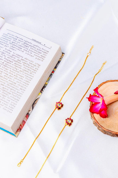 92.5 Sterling Silver Gold-Plated Lotus Pink Stone Anklet | Traditional South Indian Payal.