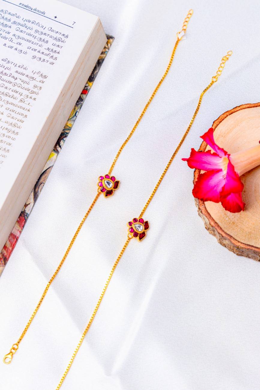 Silver Gold-Plated  Anklet with Pink Stones