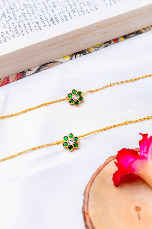 Gold-plated anklets with green Floral stone